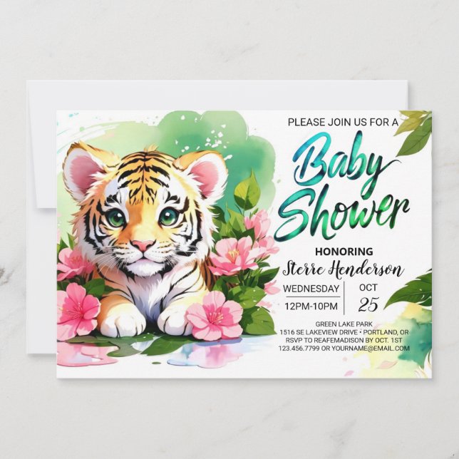 Roaring Pink Tiger Watercolor Babydusche Einladung (Vorderseite)