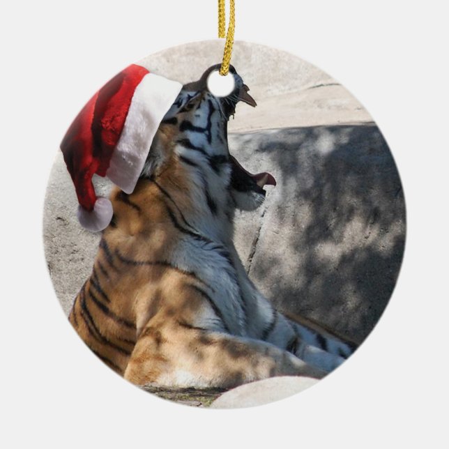 Roaring Tiger mit Weihnachtsmannmütze Keramik Ornament (Vorne)