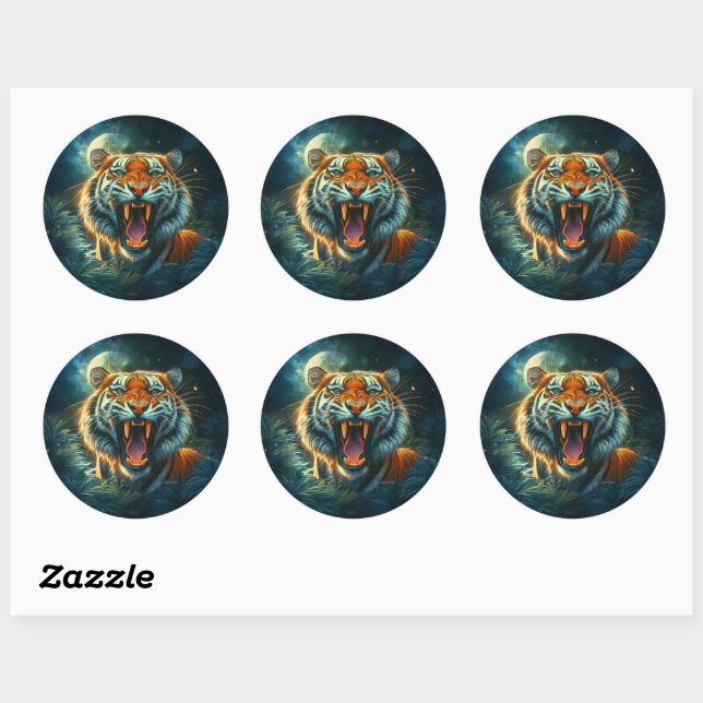 Roaring Tiger Moonlit Dschungel Runder Aufkleber (Blatt)