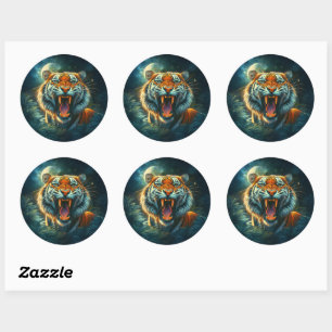 Roaring Tiger Moonlit Dschungel Runder Aufkleber
