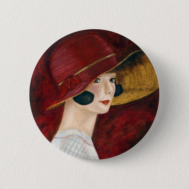Roaring Twenties 1920er Flapper Girl in Red Hat Button (Vorderseite)