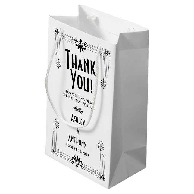 Roaring Twenties Art Deco Hochzeit Willkommenstasc Kleine Geschenktüte (Rückseite Schrägansicht)