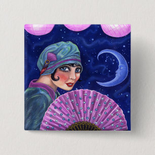 Roaring Twenties Flapper Girl Fan Moon Stars Button