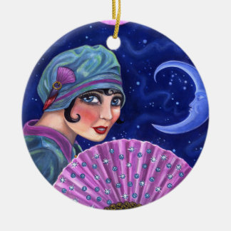 Roaring Twenties Flapper Girl Fan Moon Stars Keramik Ornament