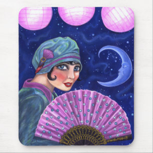 Roaring Twenties Flapper Girl Fan Moon Stars Mousepad