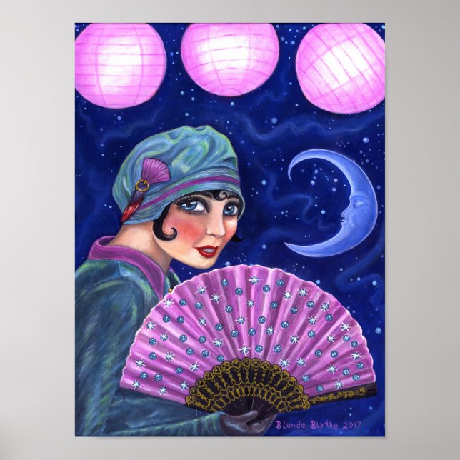 Roaring Twenties Flapper Girl Fan Moon Stars Poster (Vorne)