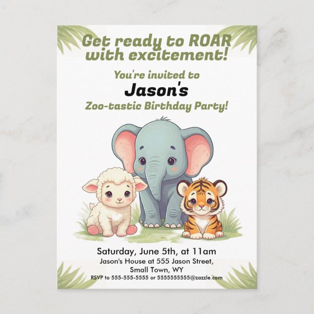 Roaring Zoo Birthday Einladung Postkarte (Vorderseite)