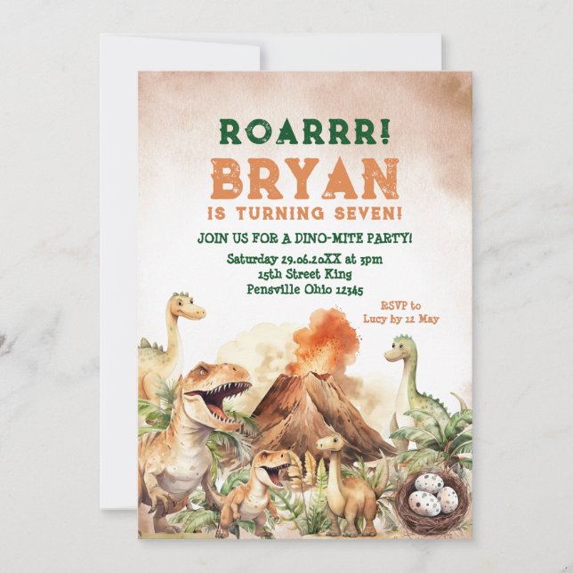 Roarrr Jurassic Dinosaur Boy Dino Birthday Party Einladung (Vorderseite)