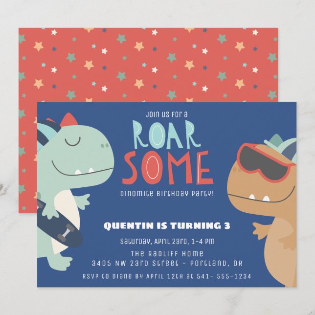 Roarsome Cool Dinosaur Theme Boys Birthday Party Einladung (Vorne/Hinten)