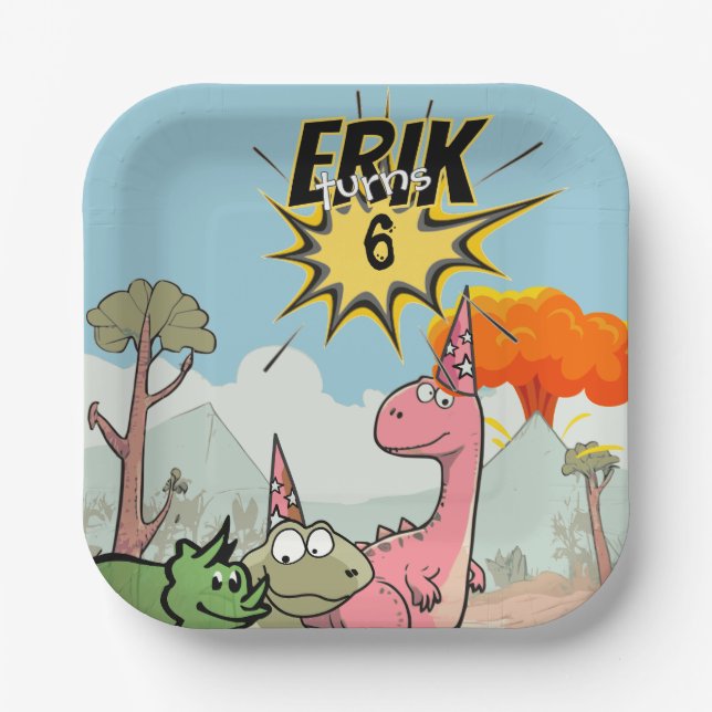Roarsome Dino Birthday, Niedlicher Cartoon Dino Pappteller (Vorderseite)
