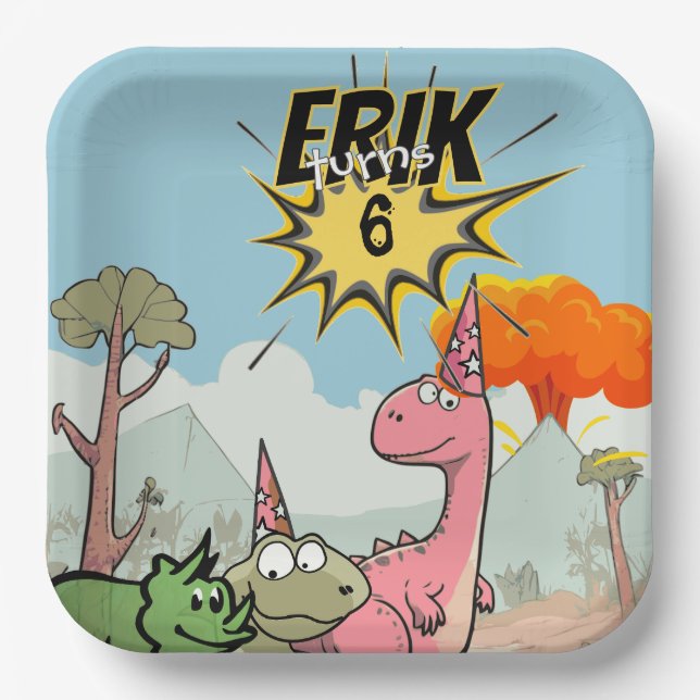Roarsome Dino Birthday, Niedlicher Cartoon Dino Pappteller (Vorderseite)