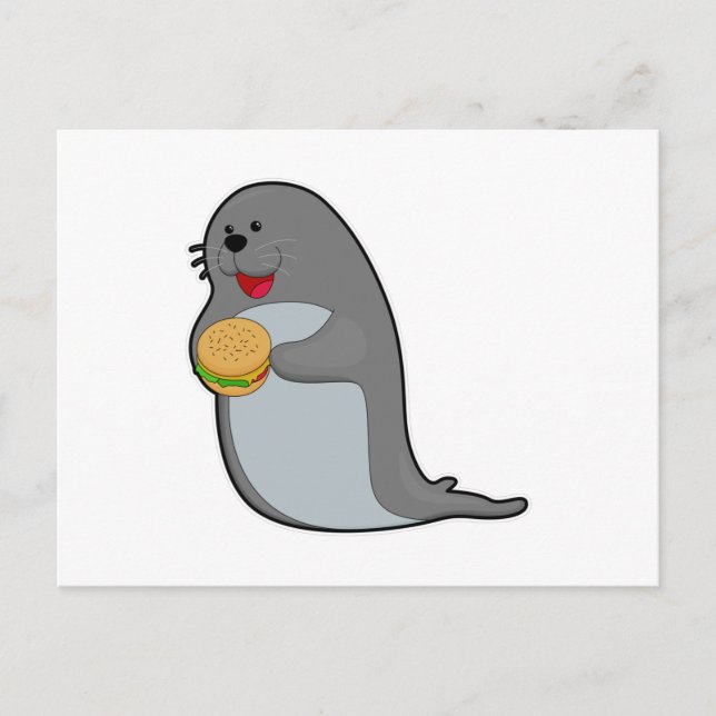Robbe beim Essen mit Burger Postkarte (Vorderseite)