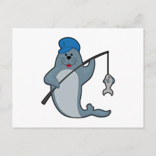 Robbe beim Fischen mit Angelrute & Fisch Postkarte