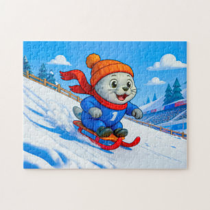 Robbe beim Schlittenfahren einen schneebedeckten B