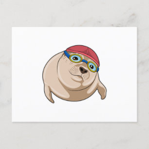 Robbe beim Schwimmen mit Schwimmbrille Postkarte