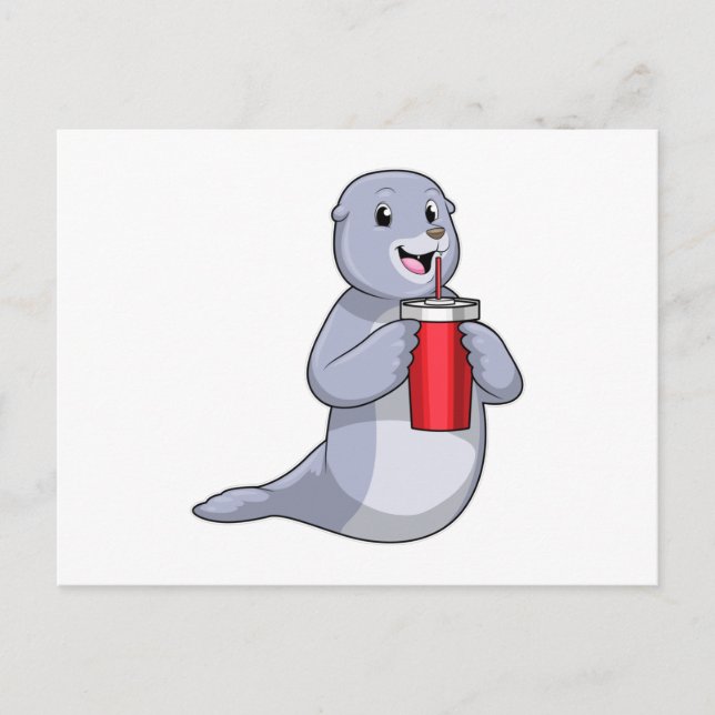 Robbe mit Trinkbecher Postkarte (Vorderseite)