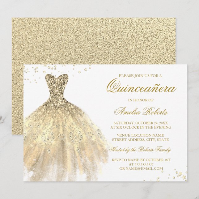 Robe à étincelles or Quinceanera Invitation (Devant / Derrière)