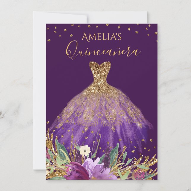 Robe Améthyste violet or Quinceanera Invitation (Devant)
