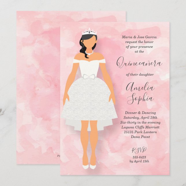 Robe blanche sur Quinceanera rose Invitations (Devant / Derrière)