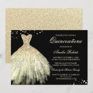 Robe d'étincelle en or noir Quinceanera Invitation