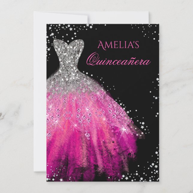 Robe étincelante Quinceanera rose Invitation (Devant)