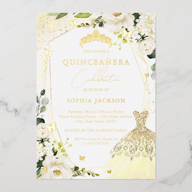 Robe Florale d'or quinceanera Foil Invitation (Recto)