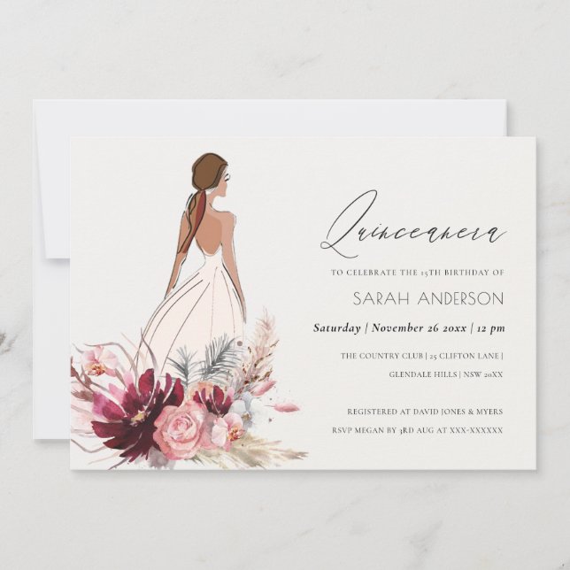 Robe florale Pampas Grass Quinceanera Invitation (Devant)