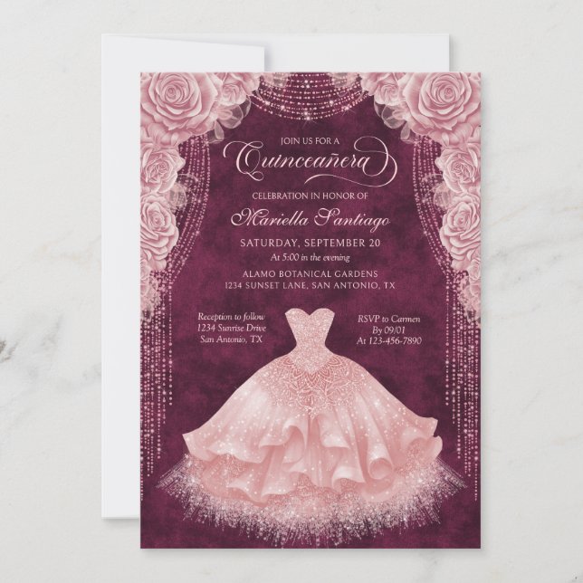 Robe florale rose pâle Quinceanera Invitation (Devant)