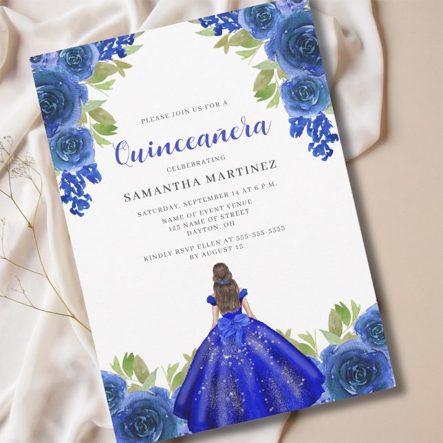 Robe Flore Bleue Élégante Quinceañera Invitation (Créateur téléchargé)