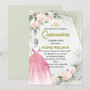 Robe princesse rose Quinceanera Invitation