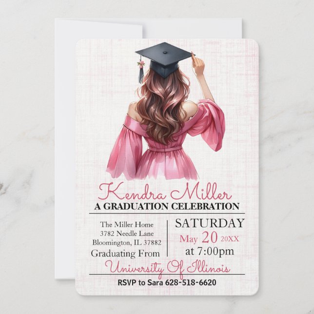 Robe rose Aquarelle Graduation Invitation (Devant)