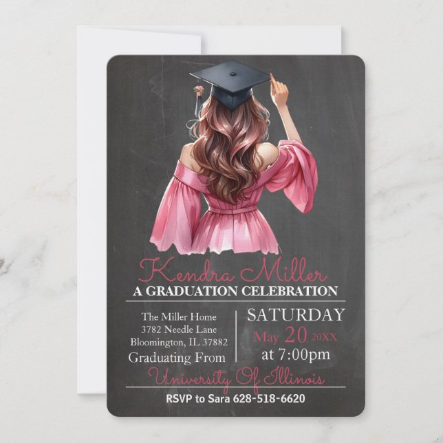 Robe rose Aquarelle Graduation Invitation (Devant)