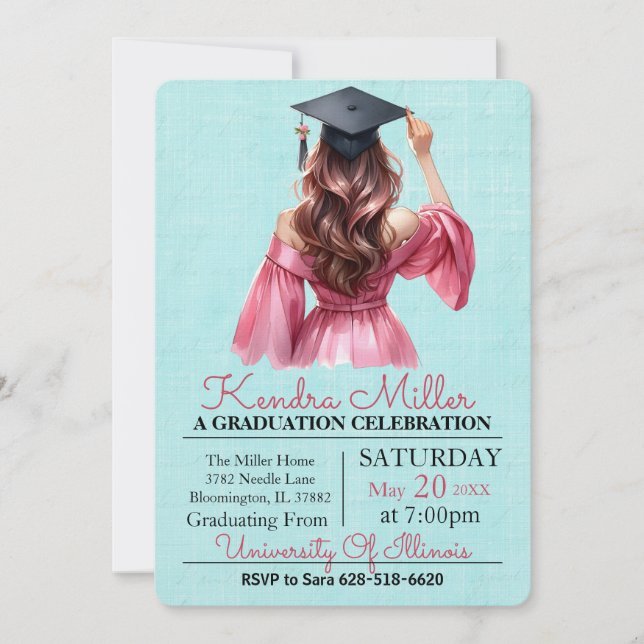 Robe rose Aquarelle Graduation Invitation (Devant)