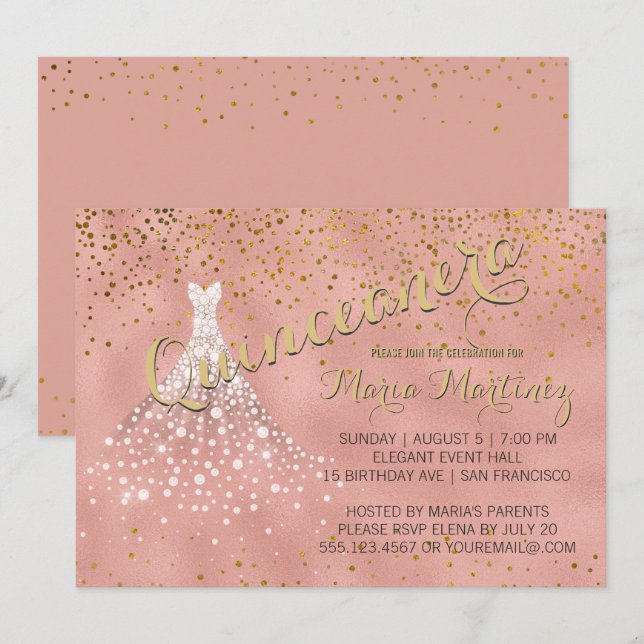 Robe rose Diamant Or Quinceanera Invitation (Devant / Derrière)