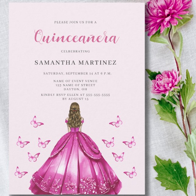 Robe rose élégante Quinceañera Invitation (Créateur téléchargé)
