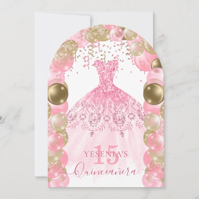 Robe rose étincelle Quinceañera Invitation au ball (Devant)