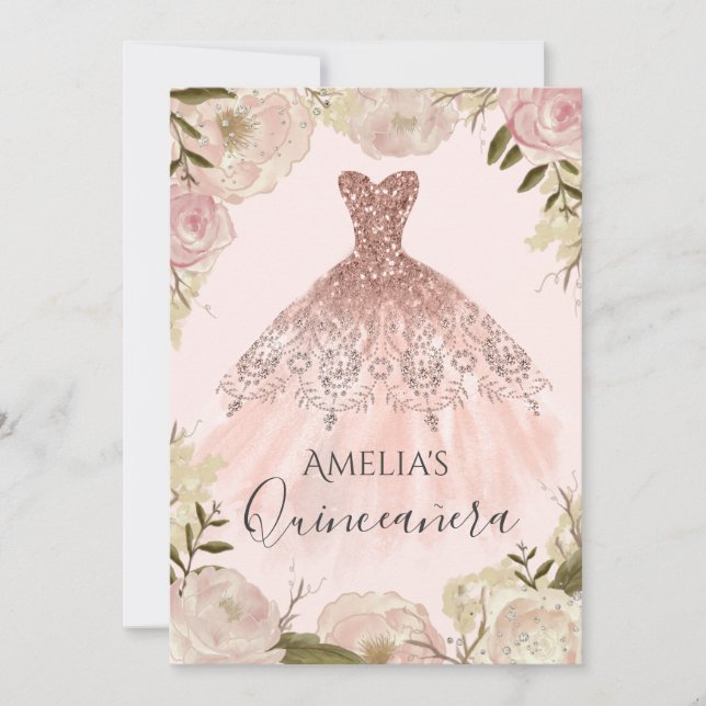 Robe rose or Rose floral Quinceanera Invitation (Devant)