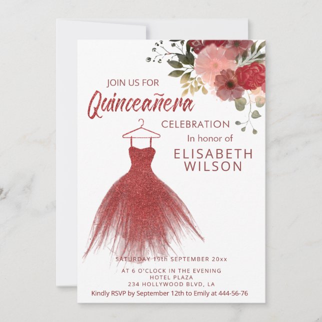 Robe rouge florale gliteuse Quinceañera Invitation (Devant)