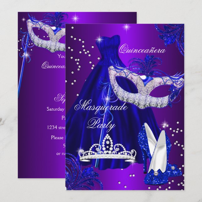 Robe violette et bleue mascarade Invitation Quince (Devant / Derrière)