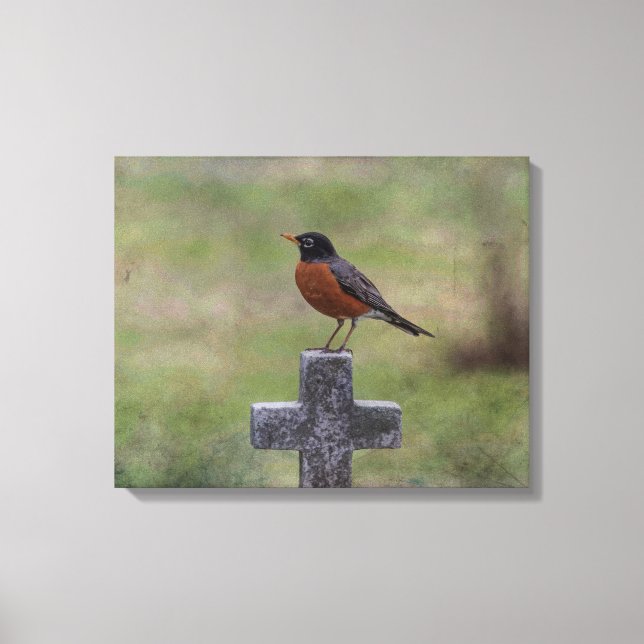 Robin auf einem Kreuz Leinwanddruck (Vorderseite)