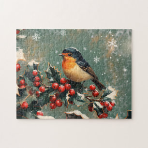 Robin auf Holly Branch in Snow