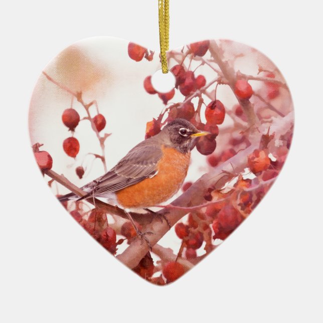 Robin Avec Baies Rouges Ornement En Céramique (Devant)