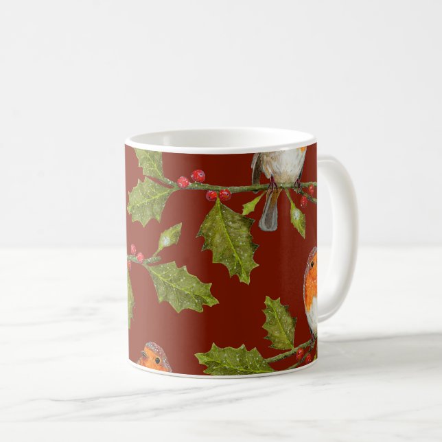 Robin Bird auf dem Holly Branly Throw Kissen Kaffeetasse (VorderseiteRechts)