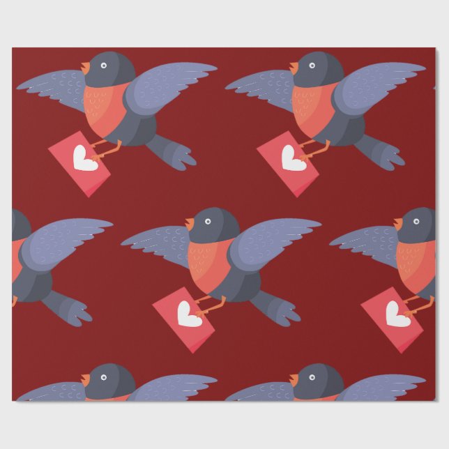 Robin Bird Flying with Red Heart Love Letter Geschenkpapier (Flach)