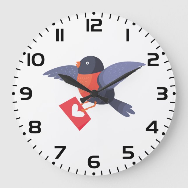 Robin Bird Flying with Red Heart Love Letter Große Wanduhr (Vorderseite)