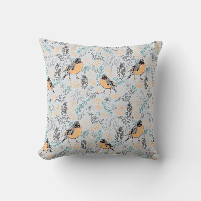 Robin Bird Mama und Baby Summer Brood mit Blume Kissen (Vorderseite)