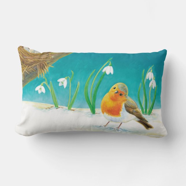 Robin Bird, Schnee & Schneefallen Illustration Lendenkissen (Vorderseite)