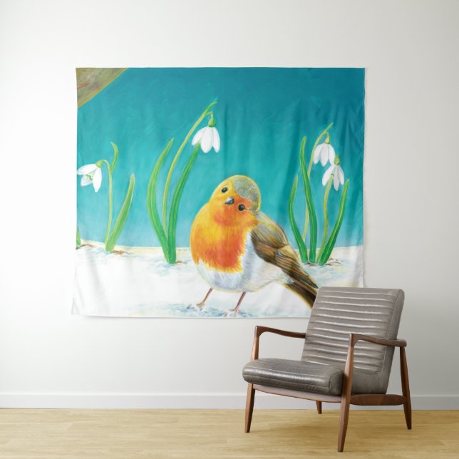 Robin Bird & Snowdrops Illustration Wandteppich (Beispiel (Horizontal))