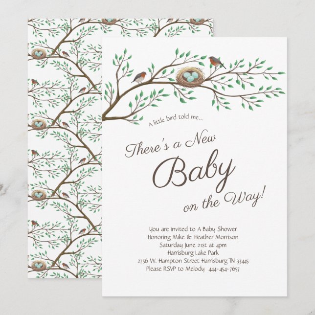 Robin Bird Spring Baby Shower Co-Ed Gender Neutral Einladung (Vorne/Hinten)