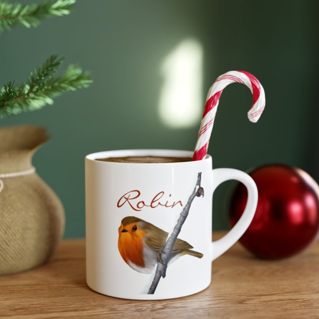 Robin Bird Winter Branch Personalisiert Weihnachte Espressotasse (Add your name to this winter red robin espresso mug)
